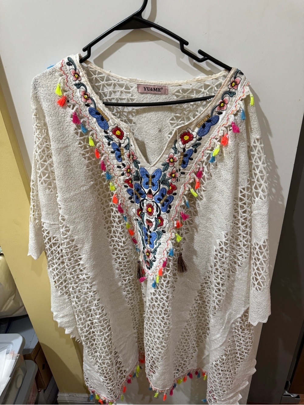 Cream Embroidered V‑Neck Boho Tunic with Multicolor Tassels